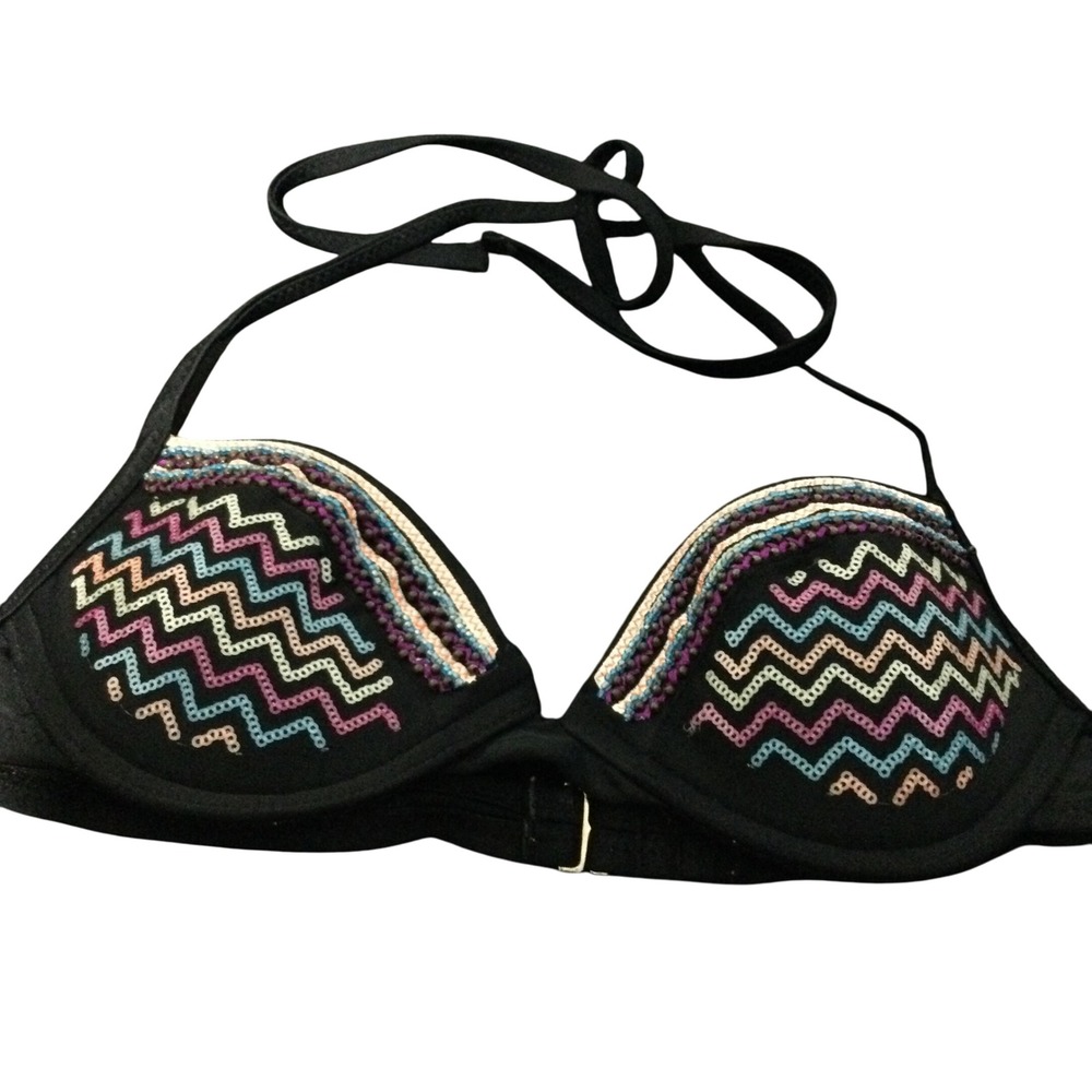 Xhilaration Black Zig Zag Embroidered Halter Bikini Swim Top S P